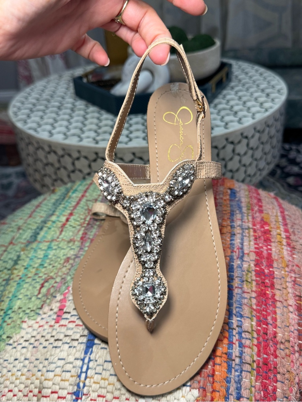 🥥🪩 Jessica Simpson Tan with Diamond Bling Crystal T-Strap Sandals with Strap 🪩🥥 - Picture 4 of 6